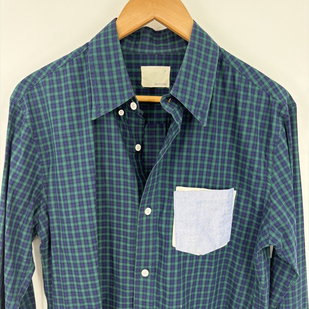 Band Of Outsiders Button Up Shirt Mens 3 M Navy Green Plaid Slim Contrast Pocket